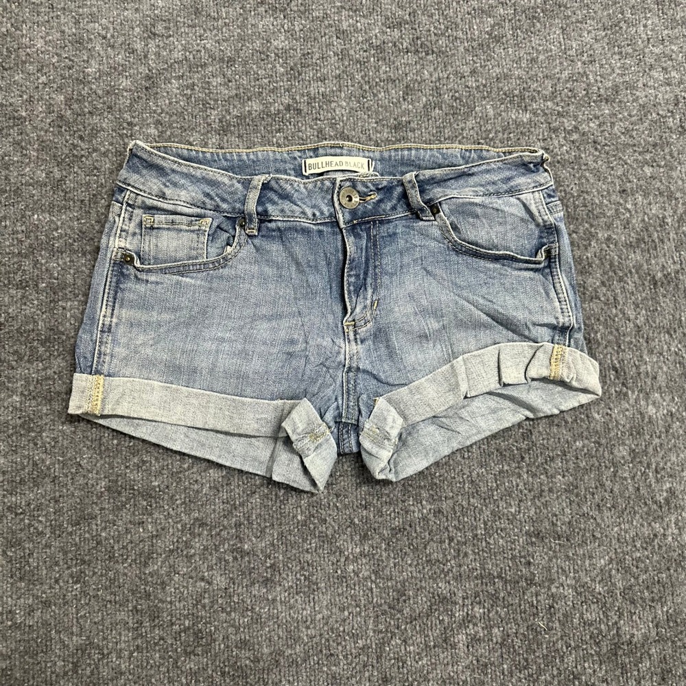 Bullhead Black Denim Shorts Womens Size 5 Blue Cuffed Low Rise Stretch Casual